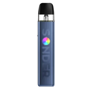 A navy blue vape device with a clear mouthpiece and a colorful button, featuring a textured surface.