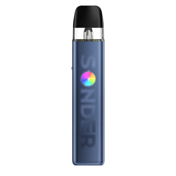 A navy blue vape device with a clear mouthpiece and a colorful button, featuring a textured surface.