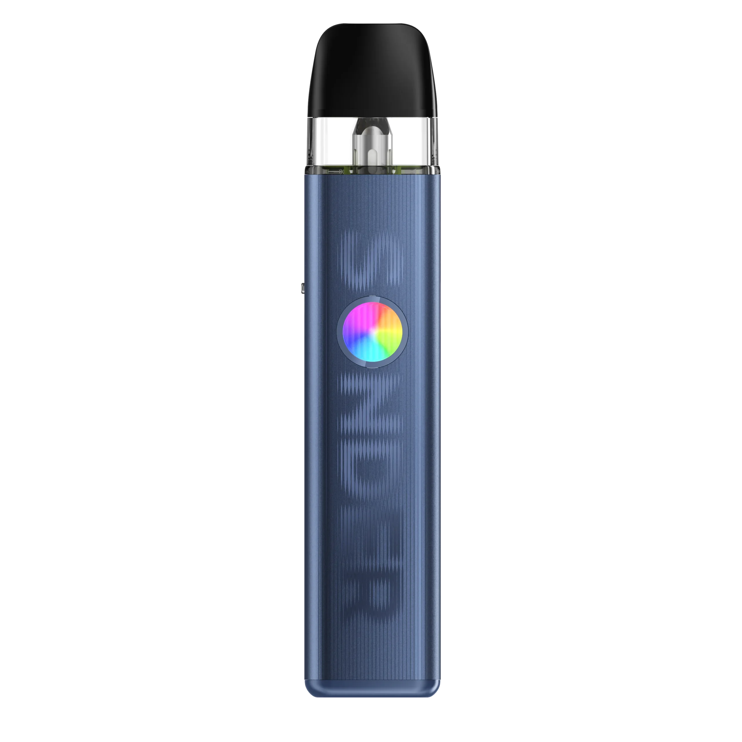A navy blue vape device with a clear mouthpiece and a colorful button, featuring a textured surface.