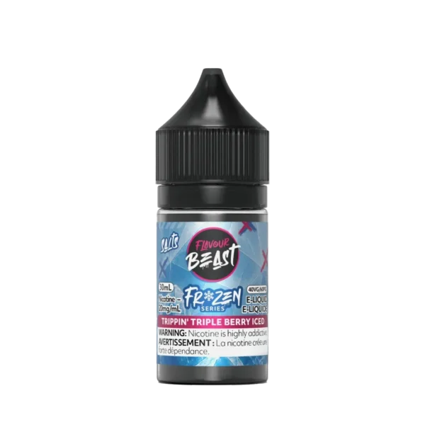 Bottle of Flavour Beast e-liquid from the Frozen Series, flavor: Trippin Triple Berry Iced, 30ml, 20mg/ml nicotine.