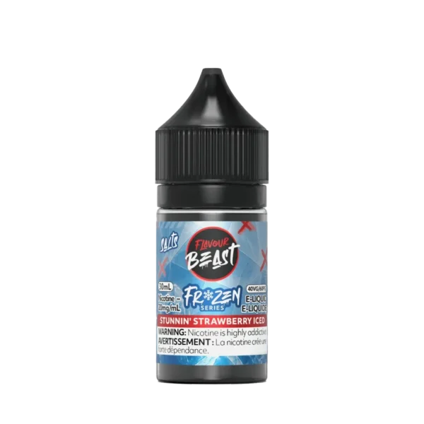 Bottle of Flavour Beast Frozen Series e-liquid, Stunnin Strawberry Iced, 30ml, 20mg/ml nicotine, with warning label.