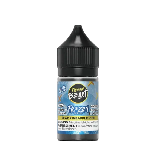 Bottle of Flavour Beast Frozen Series e-liquid, Peak Pineapple Iced flavor, 30ml, with nicotine warning label.