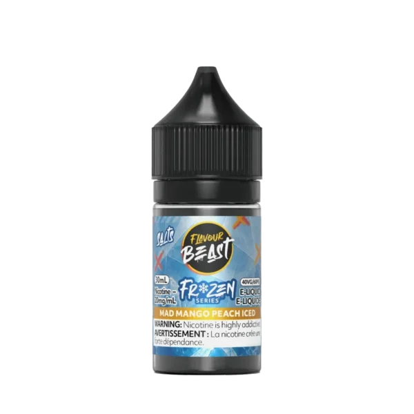 Bottle of Flavour Beast Frozen Series e-liquid, Mad Mango Peach Iced, 30ml, with a black cap and colorful label.
