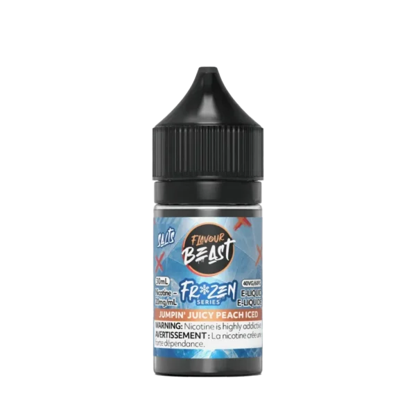 Bottle of Flavour Beast Frozen Series e-liquid, Jumpin Juicy Peach Iced, 30ml, with a black cap and colorful label.