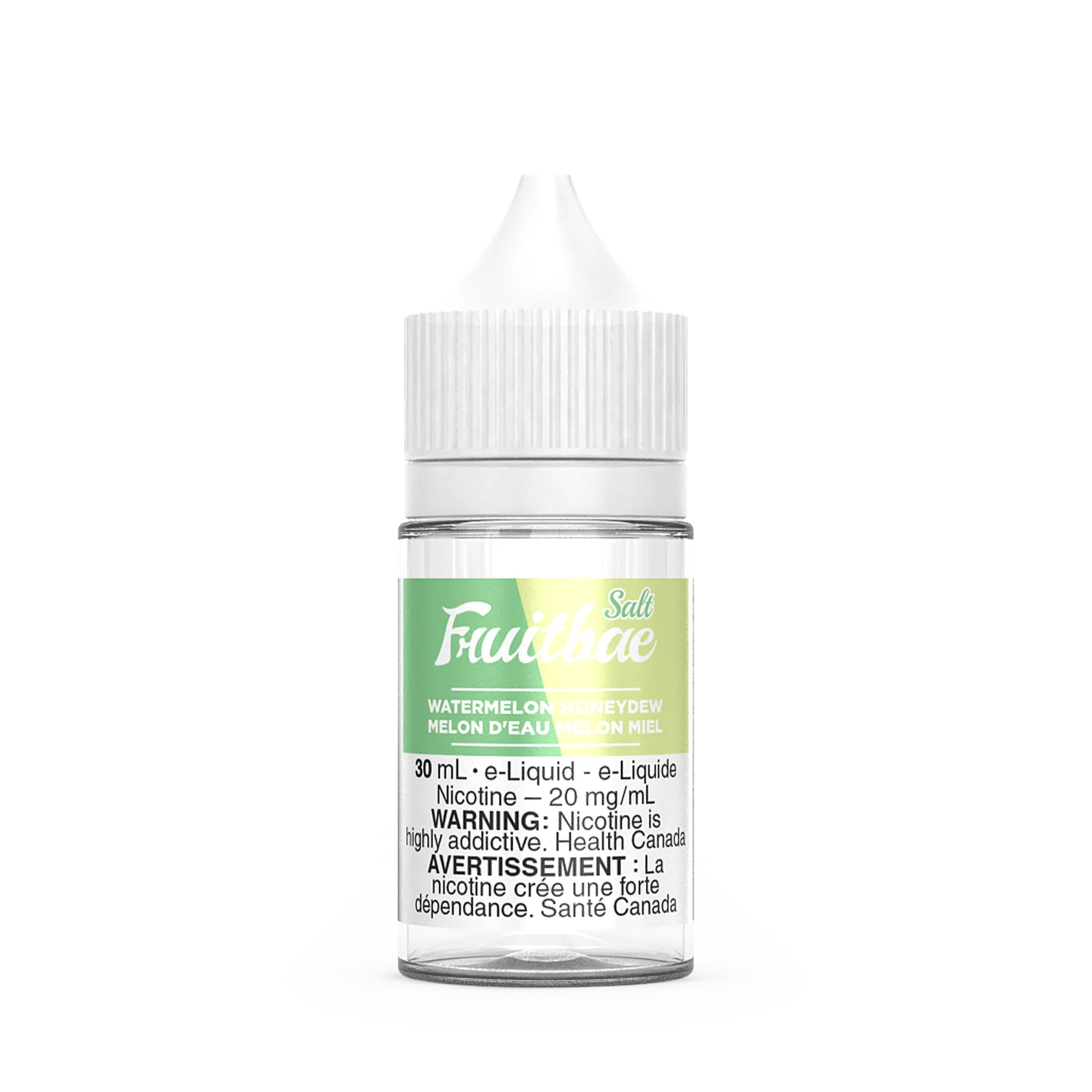 Bottle of Fruitbae Salt e-liquid in Watermelon Honeydew flavor, 30 mL, containing 20 mg/mL nicotine.