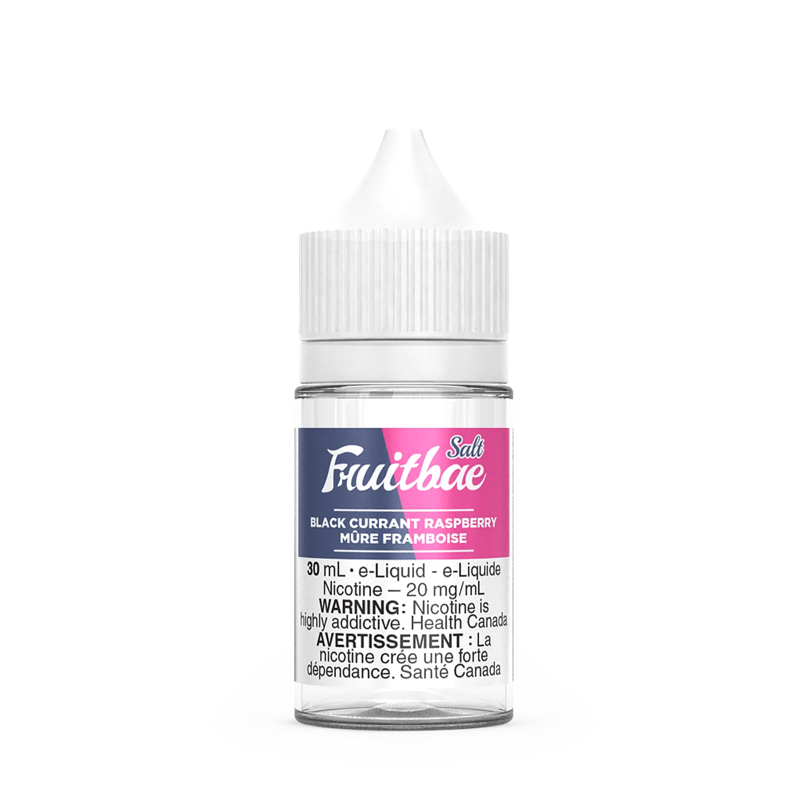 Bottle of Fruitbae Salt e-liquid in Black Currant Raspberry flavor, 30 mL, with nicotine warning label.