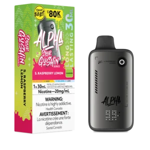 Vape device packaging for FlavorBeast Alpha, featuring S. Raspberry Lemon flavor, with nicotine warning and usage details.