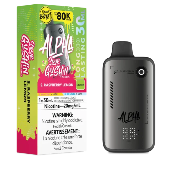 Vape device packaging for FlavorBeast Alpha, featuring S. Raspberry Lemon flavor, with nicotine warning and usage details.