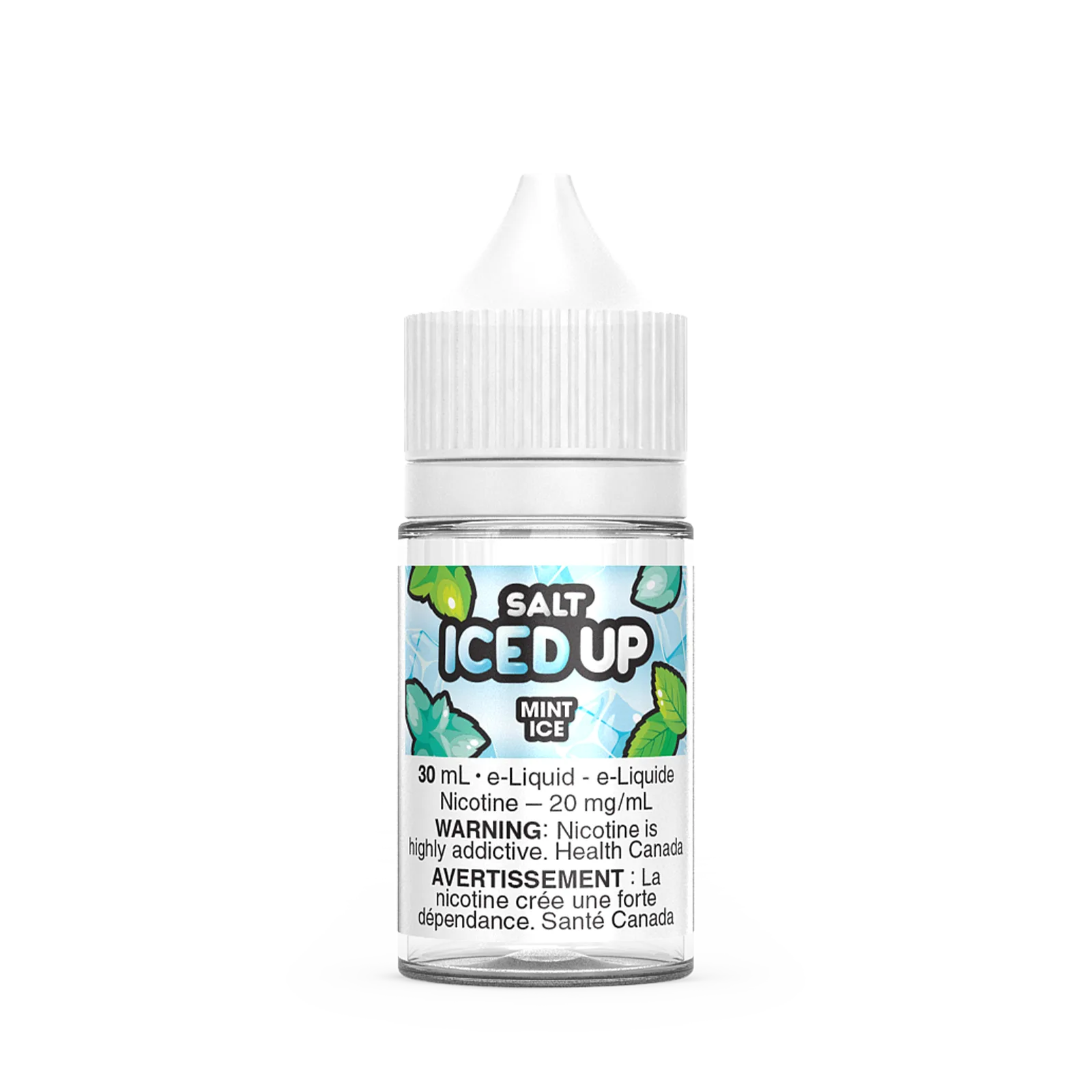 Bottle of Iced Up Salt Mint Ice e-liquid, 30 mL, with nicotine warning and mint leaf design.