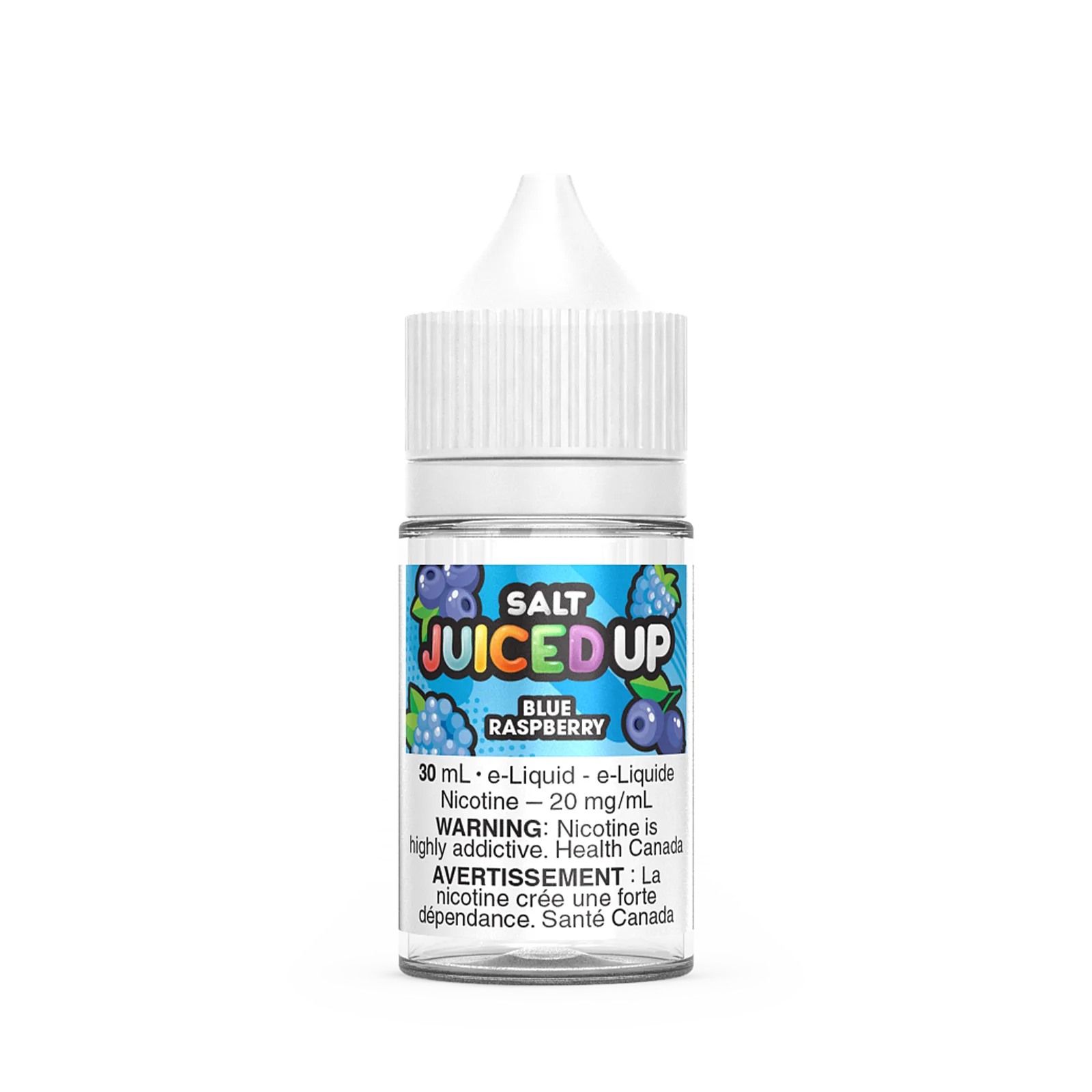 Bottle of Juiced Up Salt Blue Raspberry e-liquid, 30 mL, 20 mg/mL nicotine, with warning labels in English and French.