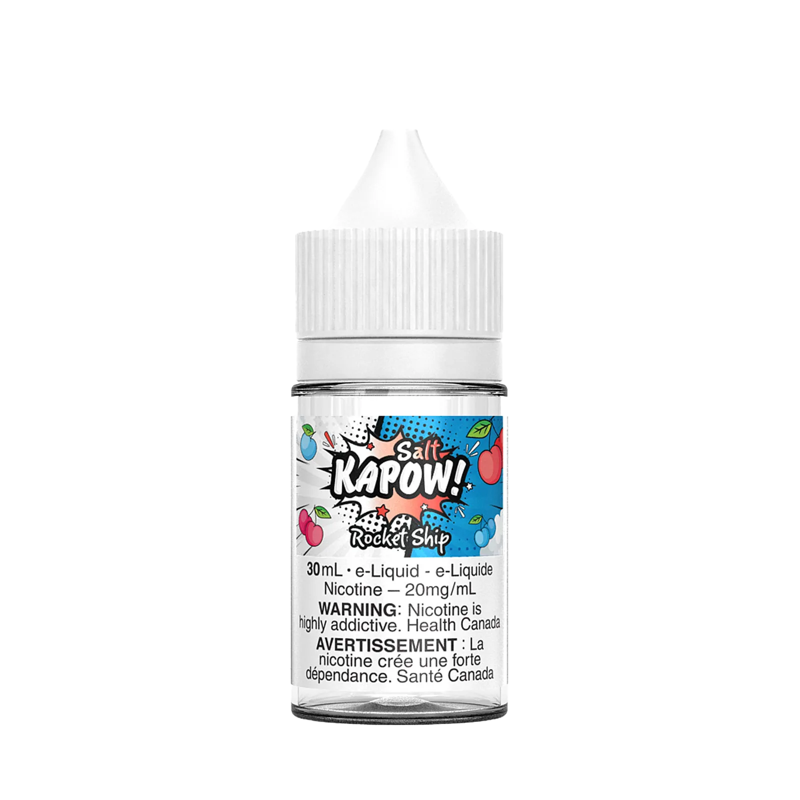 Bottle of Kapow Salt Rocket Ship e-liquid, 30ml, 20mg/ml nicotine, featuring colorful graphics and warning labels.