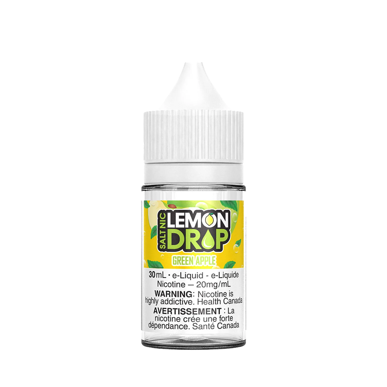 Bottle of Lemon Drop Salt e-liquid in Green Apple flavor, 30mL, with nicotine warning label.