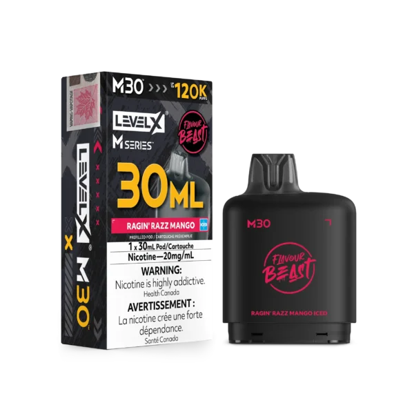 LevelX M Series pod packaging featuring Ragin Razz Mango flavor, 30ml, 20mg/ml nicotine, with health warnings.
