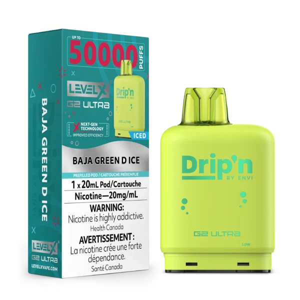 Bright green vape pod labeled Dripn with Baja Green D Ice flavor and nicotine content details on the box.