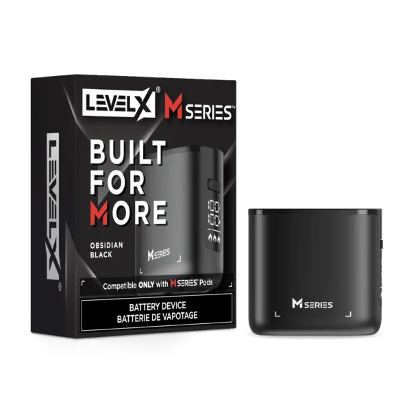 Black battery device for M Series pods, featuring a sleek design and digital display, packaged in a branded box.