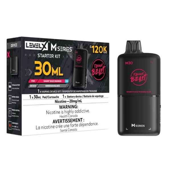 Vaping starter kit featuring a black device and Ragin Razz Mango flavor, includes 30ml pod and warning labels.