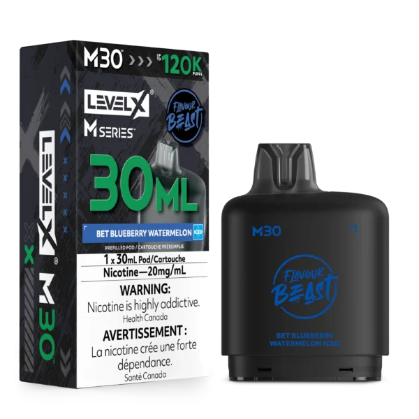 Packaging for LevelX M30 FlavourBeast pod, featuring blueberry watermelon flavor and 20mg nicotine.