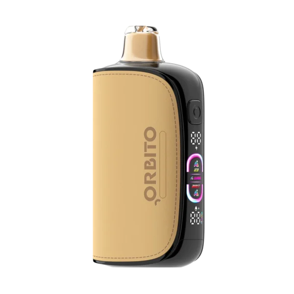 Close-up of an Orbito Lumo AI disposable vape with a sleek design and digital display showing settings and battery life.