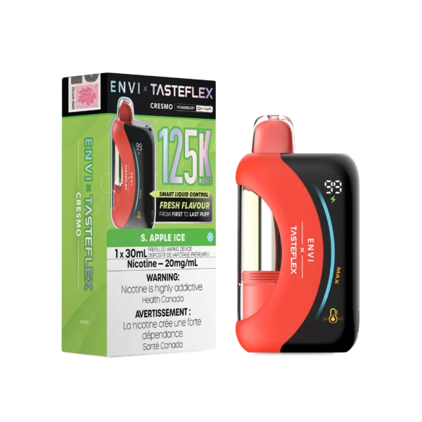 Vaping device with red and black design, labeled ENVI x TASTEFLEx, featuring S. Apple Ice flavor and nicotine warning.
