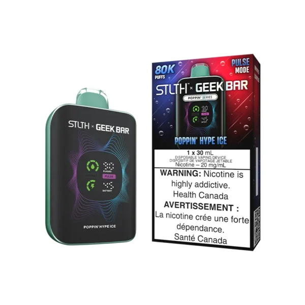 STLTH x Geek Bar disposable vape in Poppin Hype Ice flavor, featuring a digital display and warning labels.