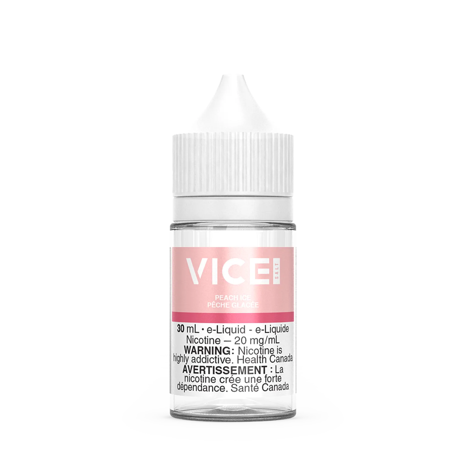 30 mL bottle of Vice Salt Peach Ice e-liquid, containing 20 mg/mL nicotine, with warning labels in English and French.