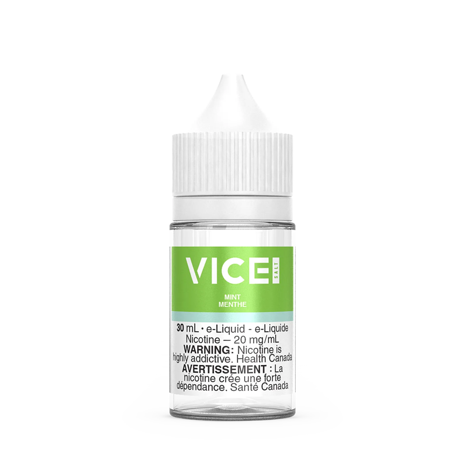 30 mL bottle of Vice Salt Mint e-liquid, containing 20 mg/mL nicotine, with health warnings in English and French.