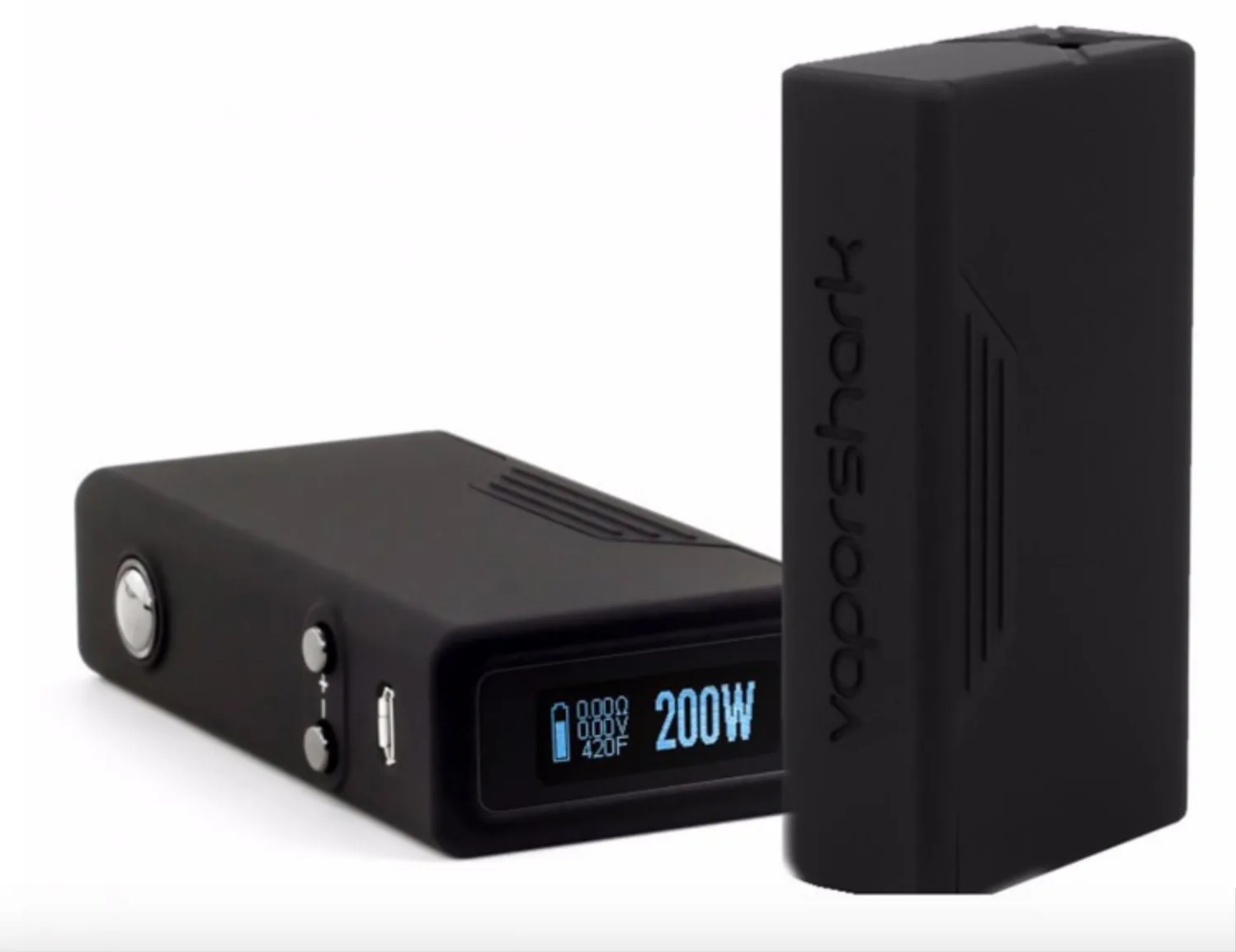 Black Vaporshark Evolv DNA200 vape mod with digital display showing settings and power output.