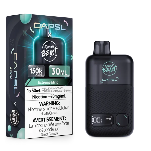 Vaping device packaging for CAPSL Extreme Mint, featuring a 30ml prefilled container with nicotine warning.
