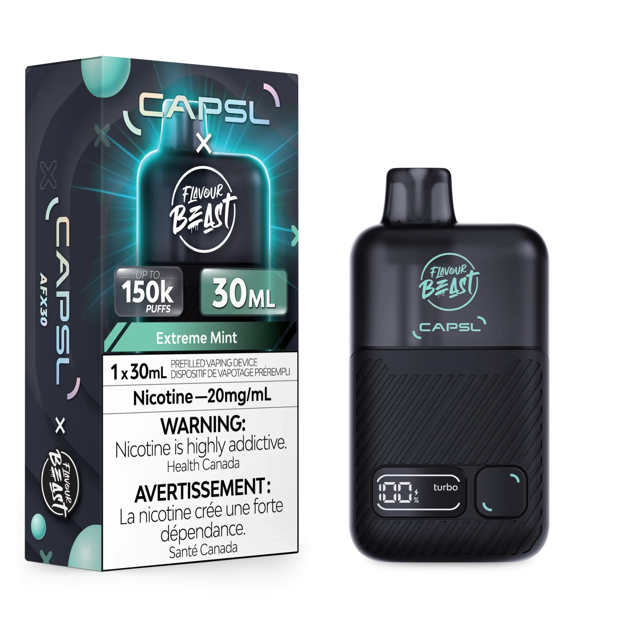Vaping device packaging for CAPSL Extreme Mint, featuring a 30ml prefilled container with nicotine warning.