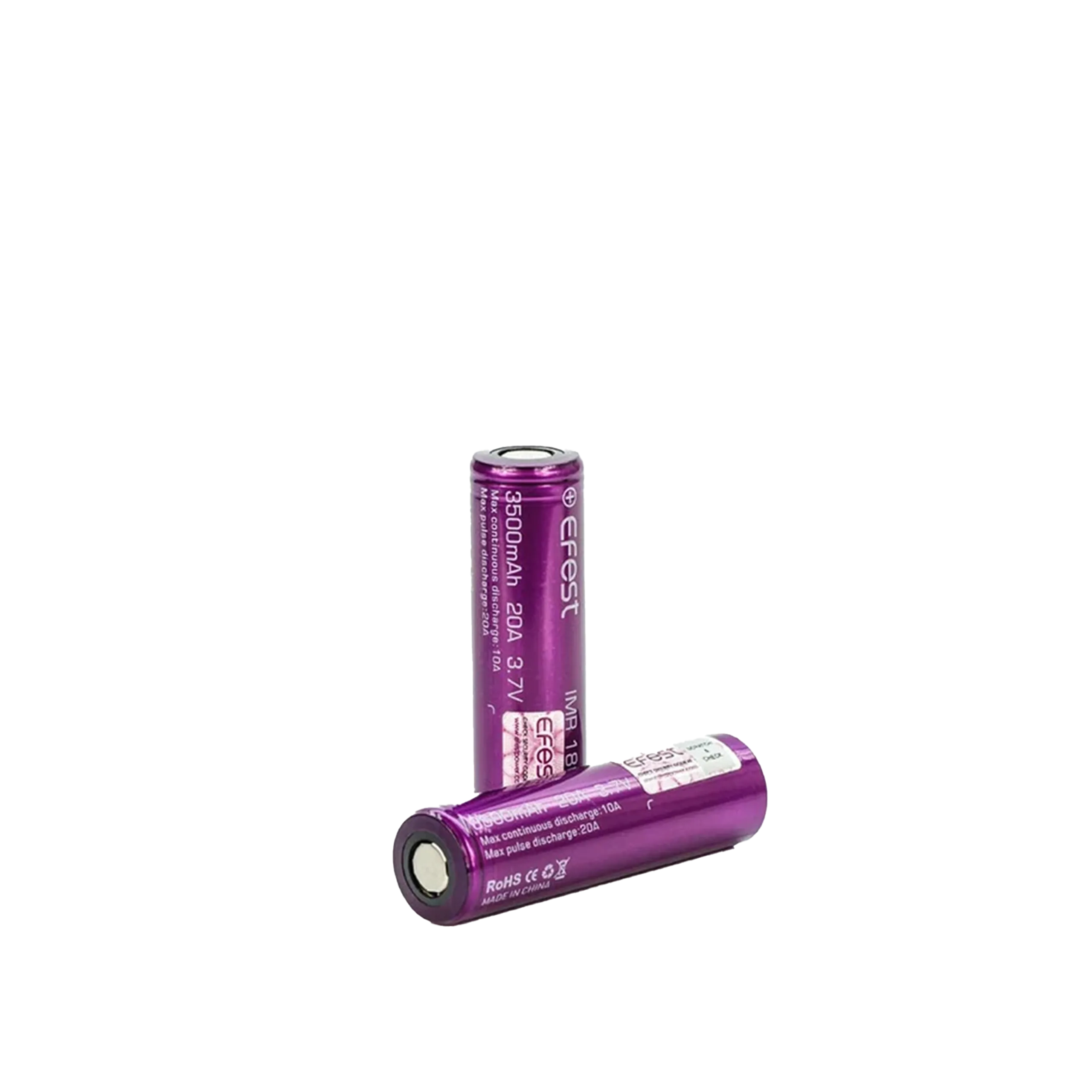 Two Efest 18650 lithium-ion batteries, purple, labeled 3500mAh, 20A, 3.7V, positioned on a white background.