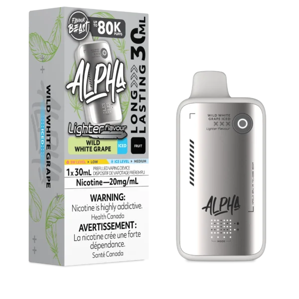 Vaping device packaging for FlavorBeast Alpha with Wild White Grape Iced flavor, featuring nicotine warning and specification
