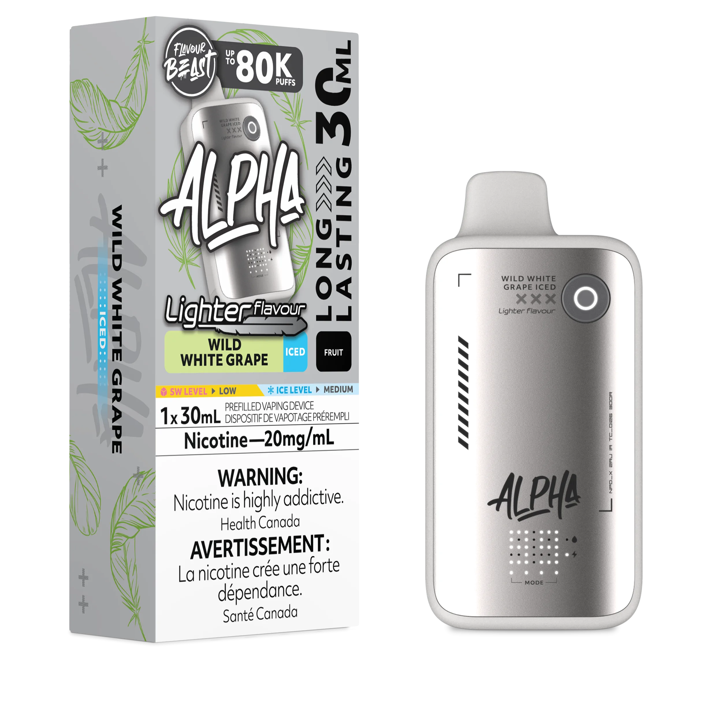 Vaping device packaging for FlavorBeast Alpha with Wild White Grape Iced flavor, featuring nicotine warning and specification