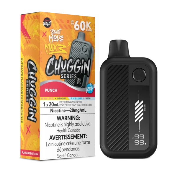 Vaping device packaging featuring the FlavourBeast Chuggin Series, flavor Punch, with nicotine content and usage warnings.