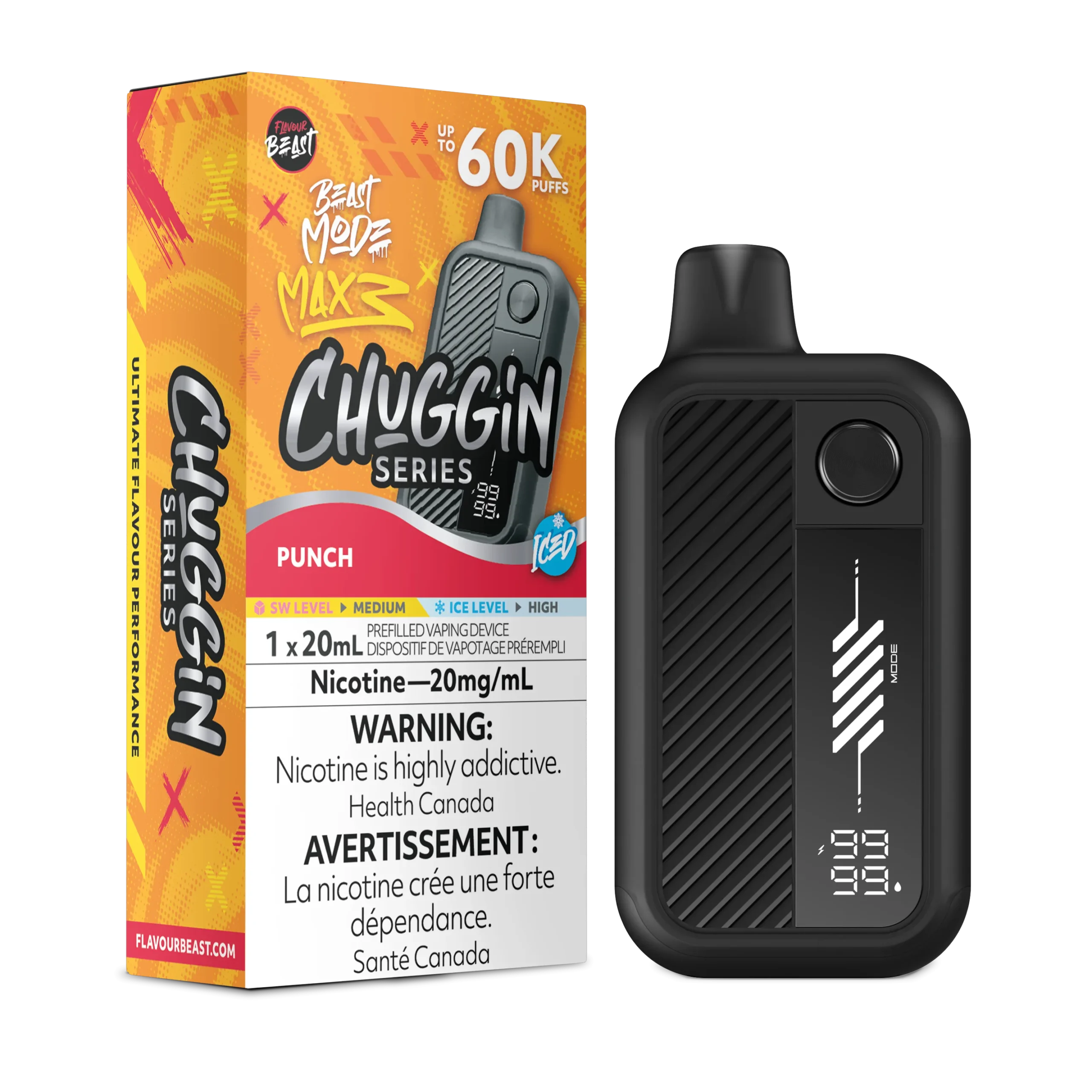 Vaping device packaging featuring the FlavourBeast Chuggin Series, flavor Punch, with nicotine content and usage warnings.