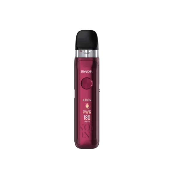 A red SMOK vaping device with a digital display showing 100% battery and 180 puffs remaining.