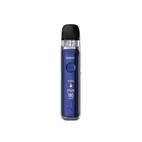 A blue SMOK vaping device with a digital display showing battery life and puff count.