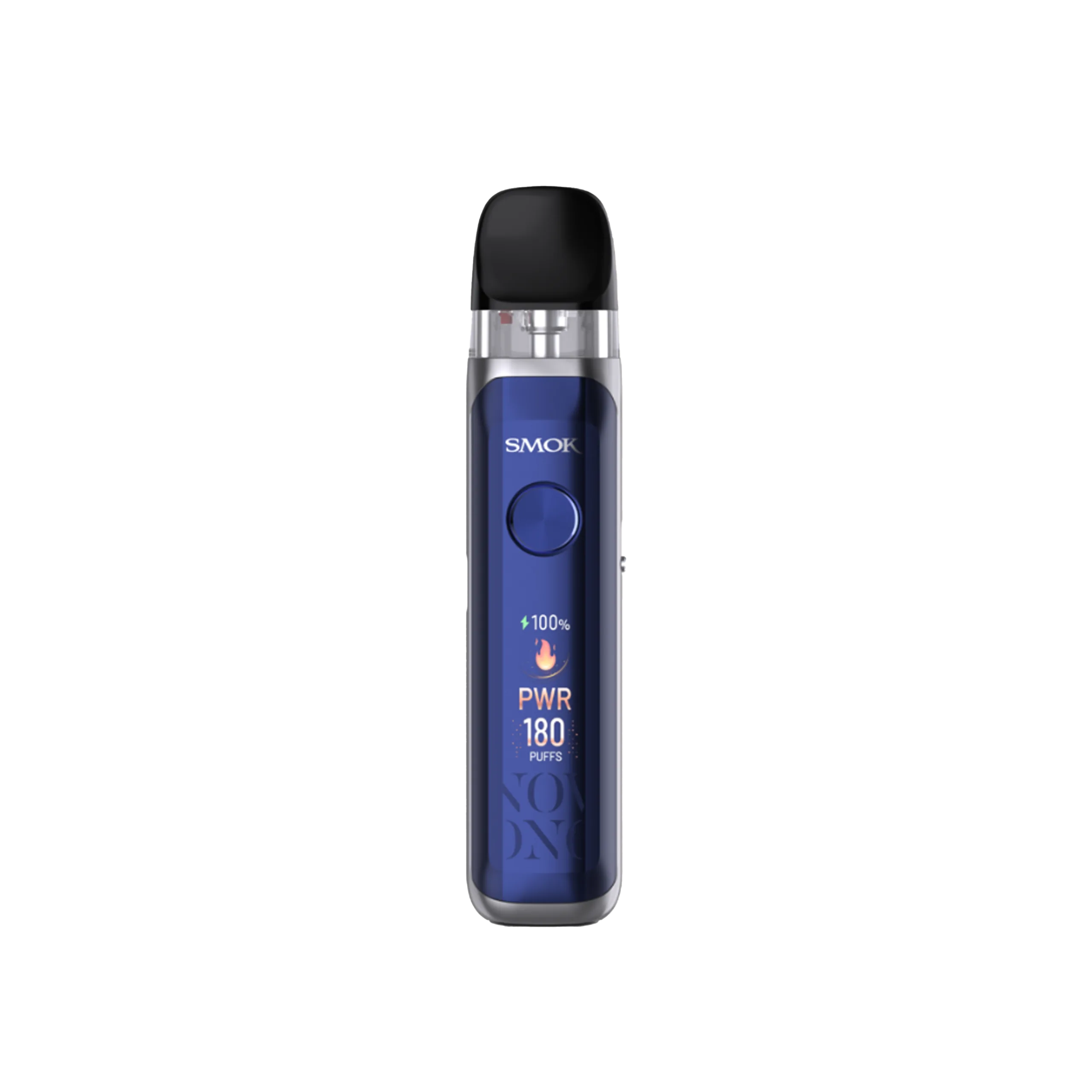 A blue SMOK vaping device with a digital display showing battery life and puff count.