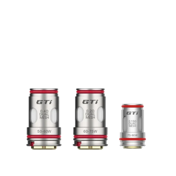 Three GTi vape coils in varying sizes, labeled with resistance and wattage specifications.