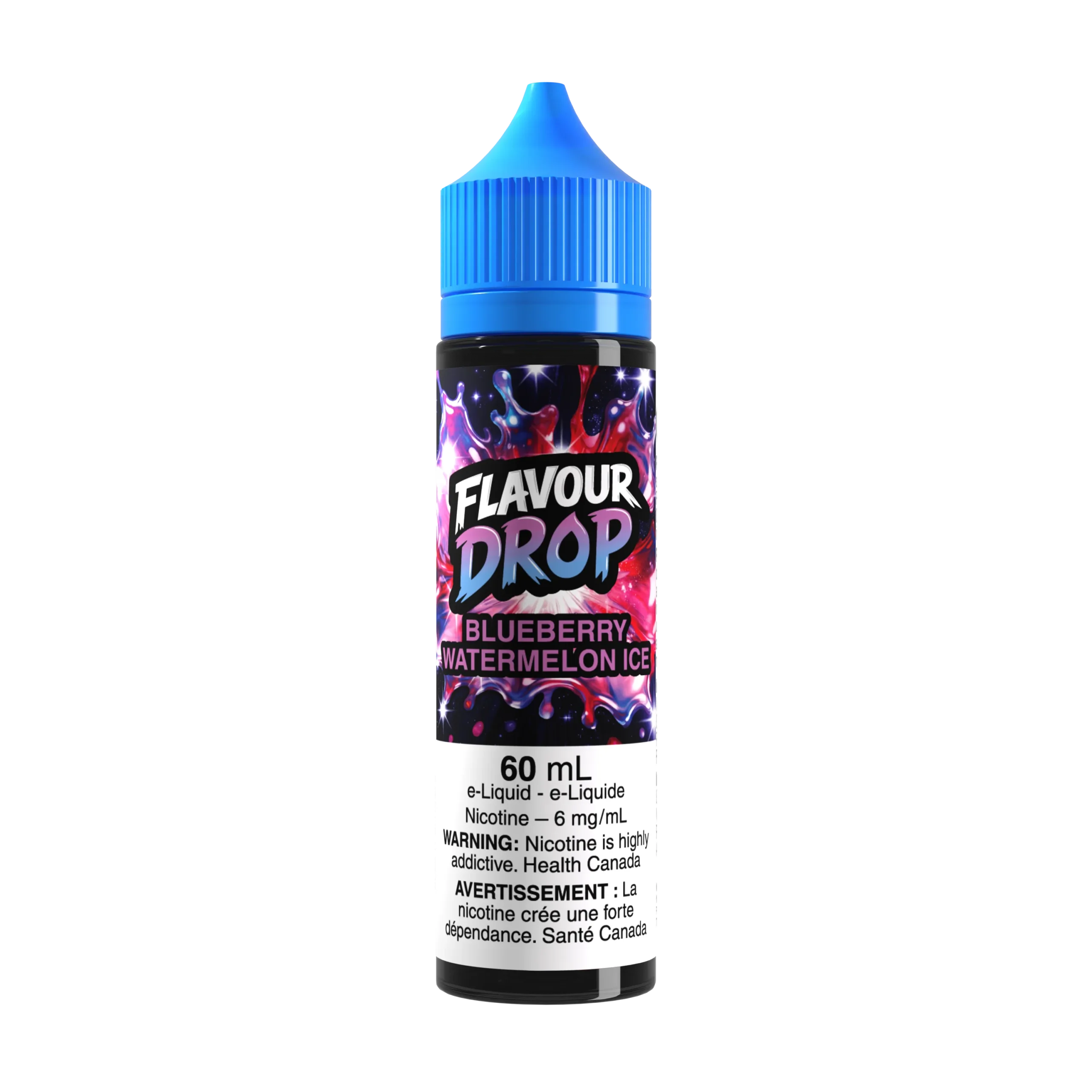 Bottle of Flavour Drop Blueberry Watermelon Ice e-liquid, 60 mL, featuring a blue cap and vibrant label design.
