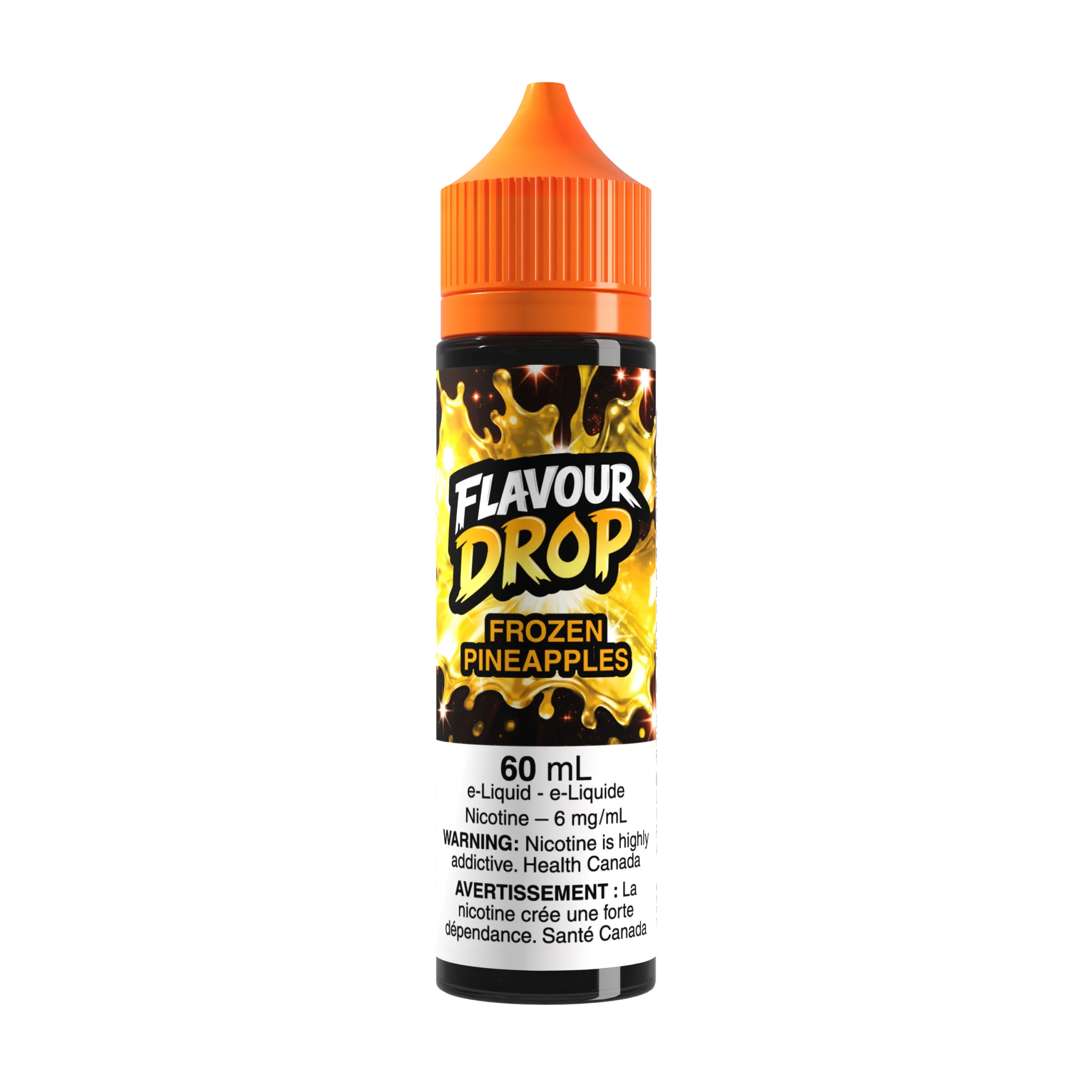 Bottle of Flavour Drop Frozen Pineapples e-liquid, 60 mL, with orange cap and warning label about nicotine addiction.