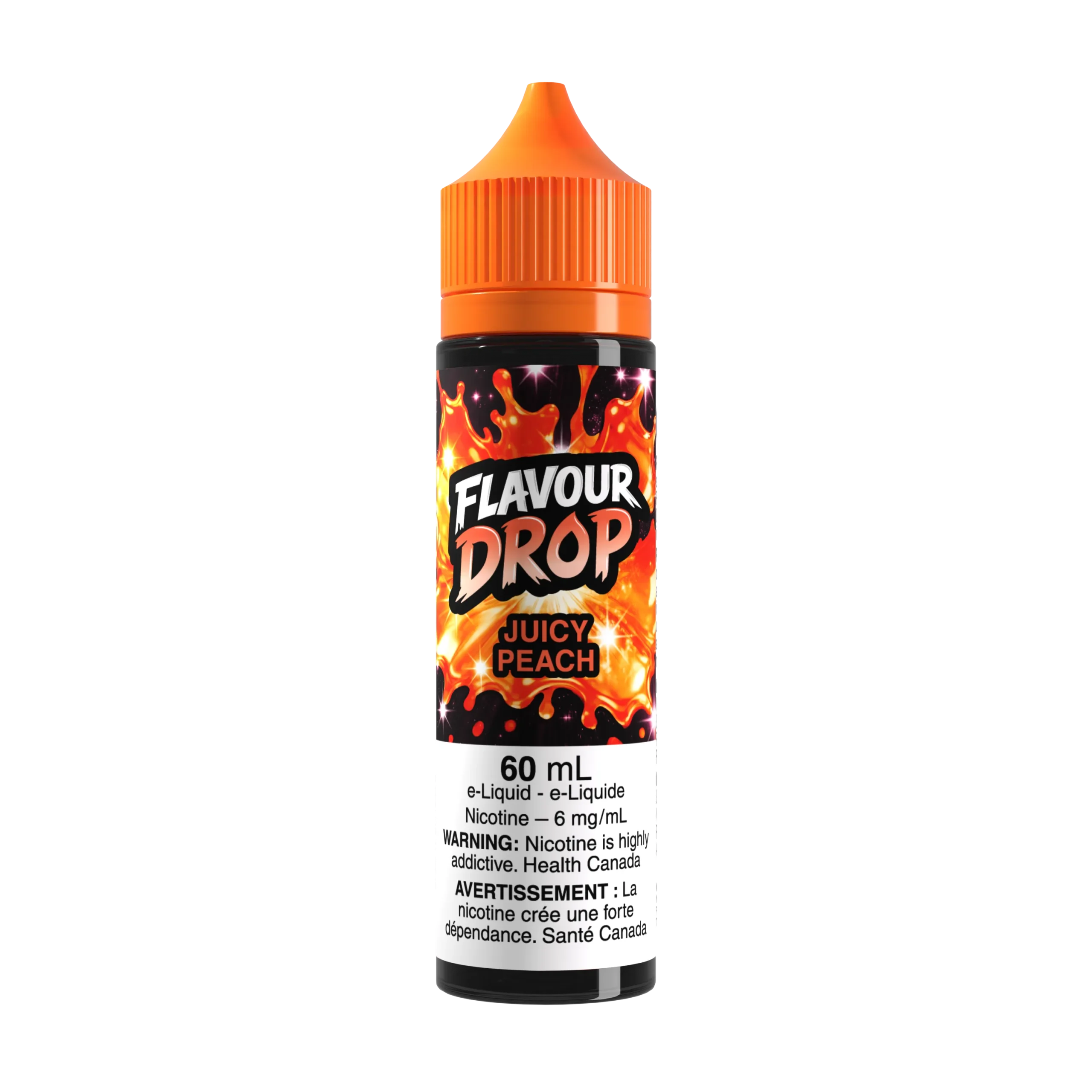 Bottle of Flavour Drop Juicy Peach e-liquid, 60 mL, with orange cap and warning labels about nicotine addiction.