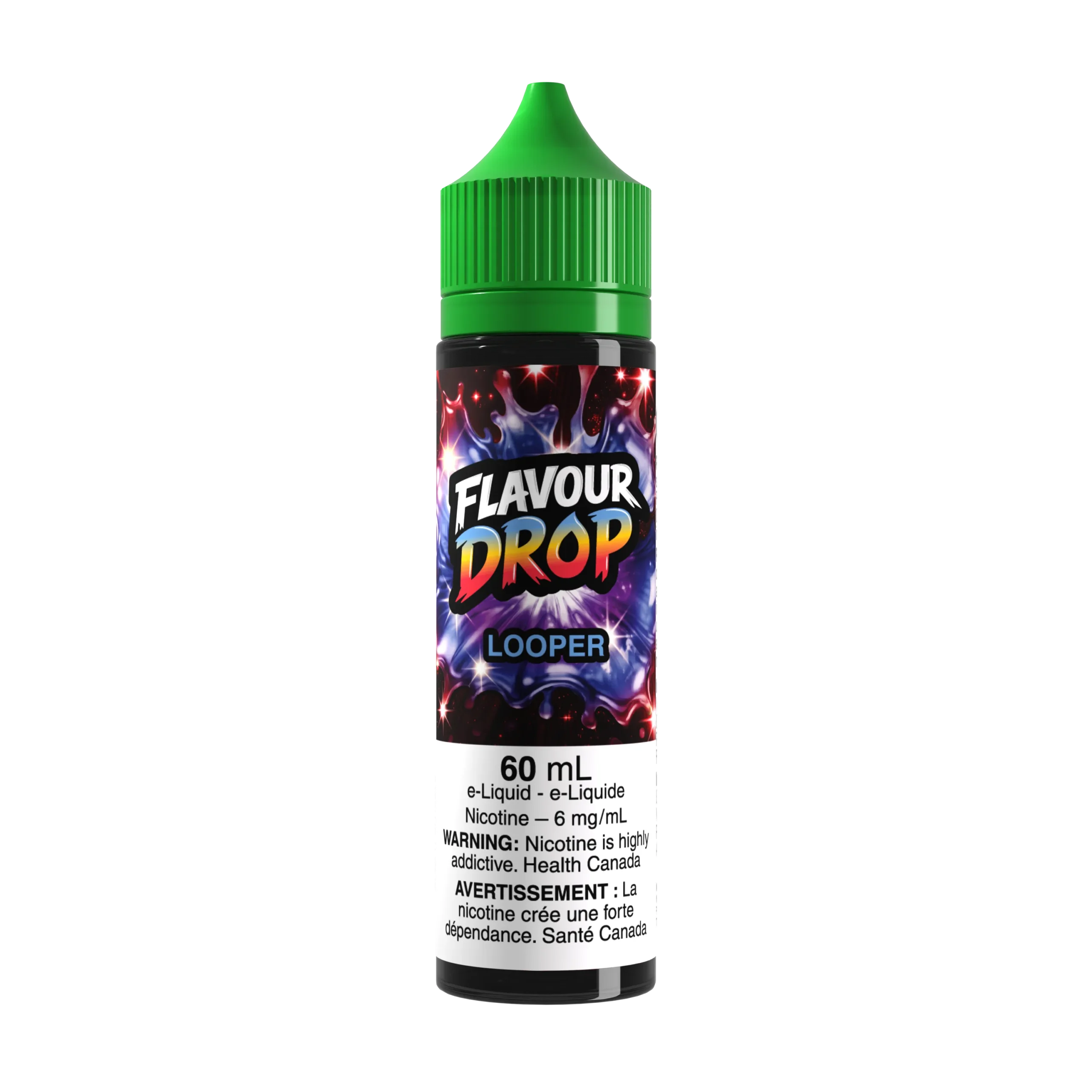 Bottle of Flavour Drop Looper e-liquid, 60 mL, with a green cap and warning labels about nicotine addiction.