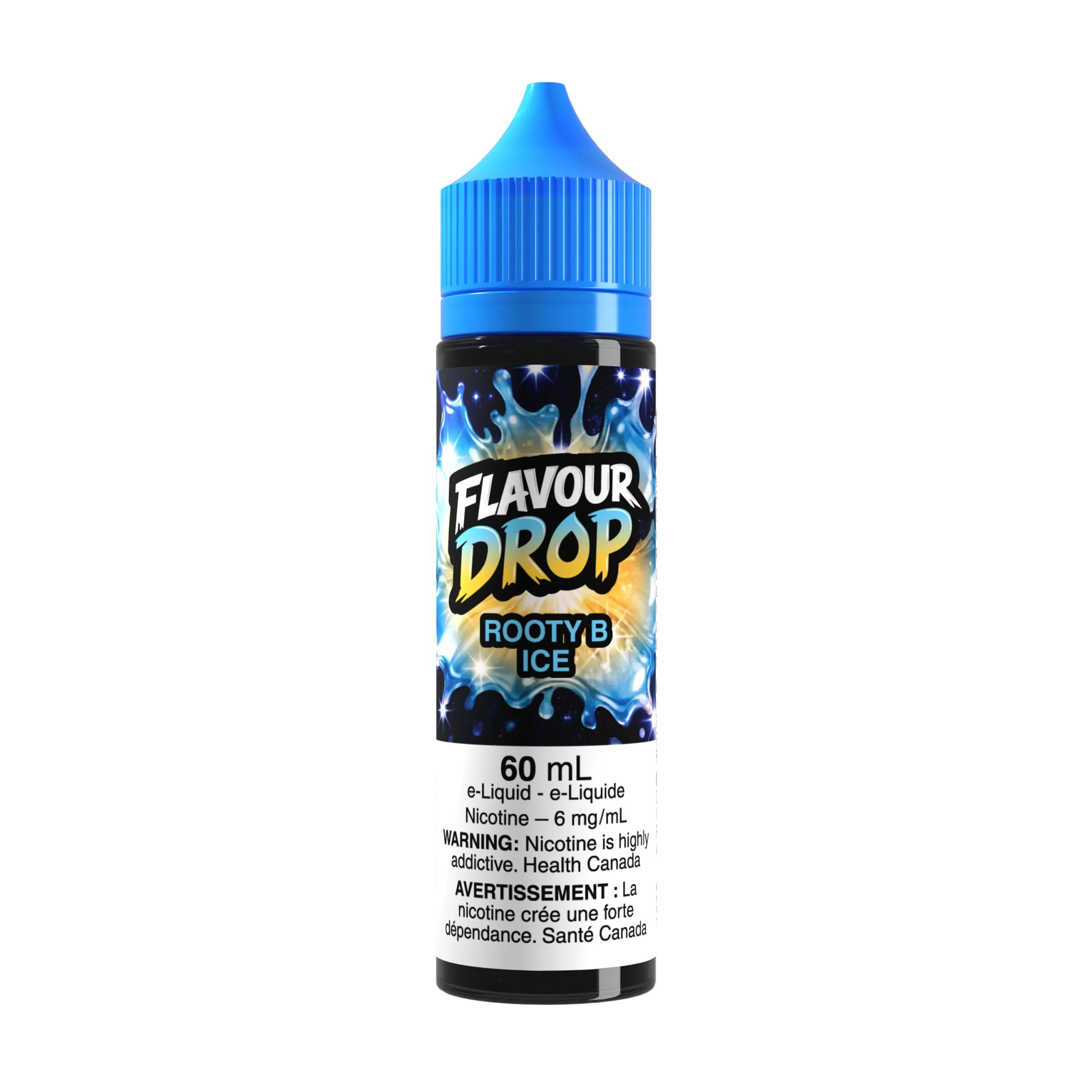 Bottle of Flavour Drop Rooty B Ice e-liquid, 60 mL, with a blue cap and warning labels about nicotine addiction.