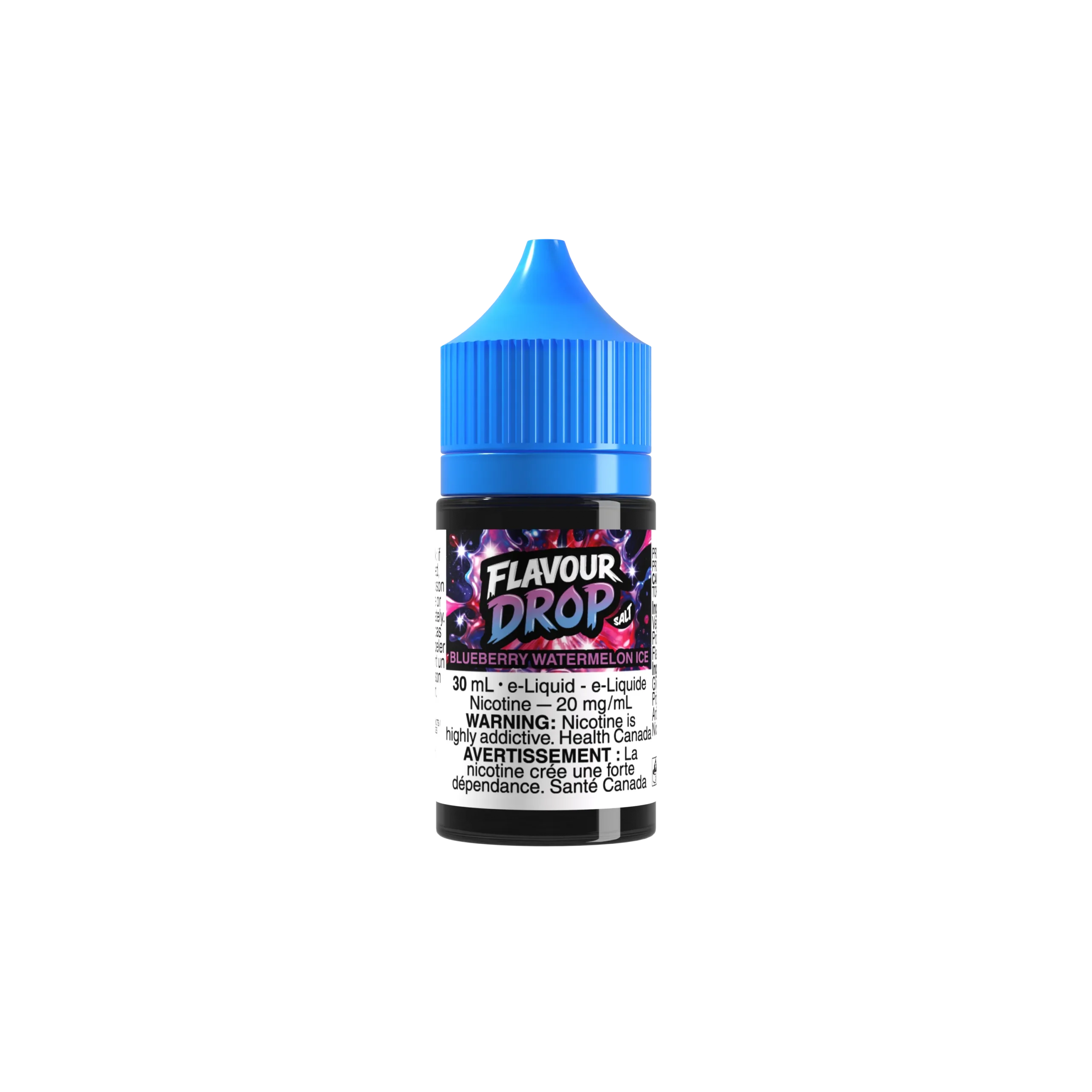 30ml bottle of Flavour Drop e-liquid in Blueberry Watermelon Ice flavor, featuring a blue cap and warning label.