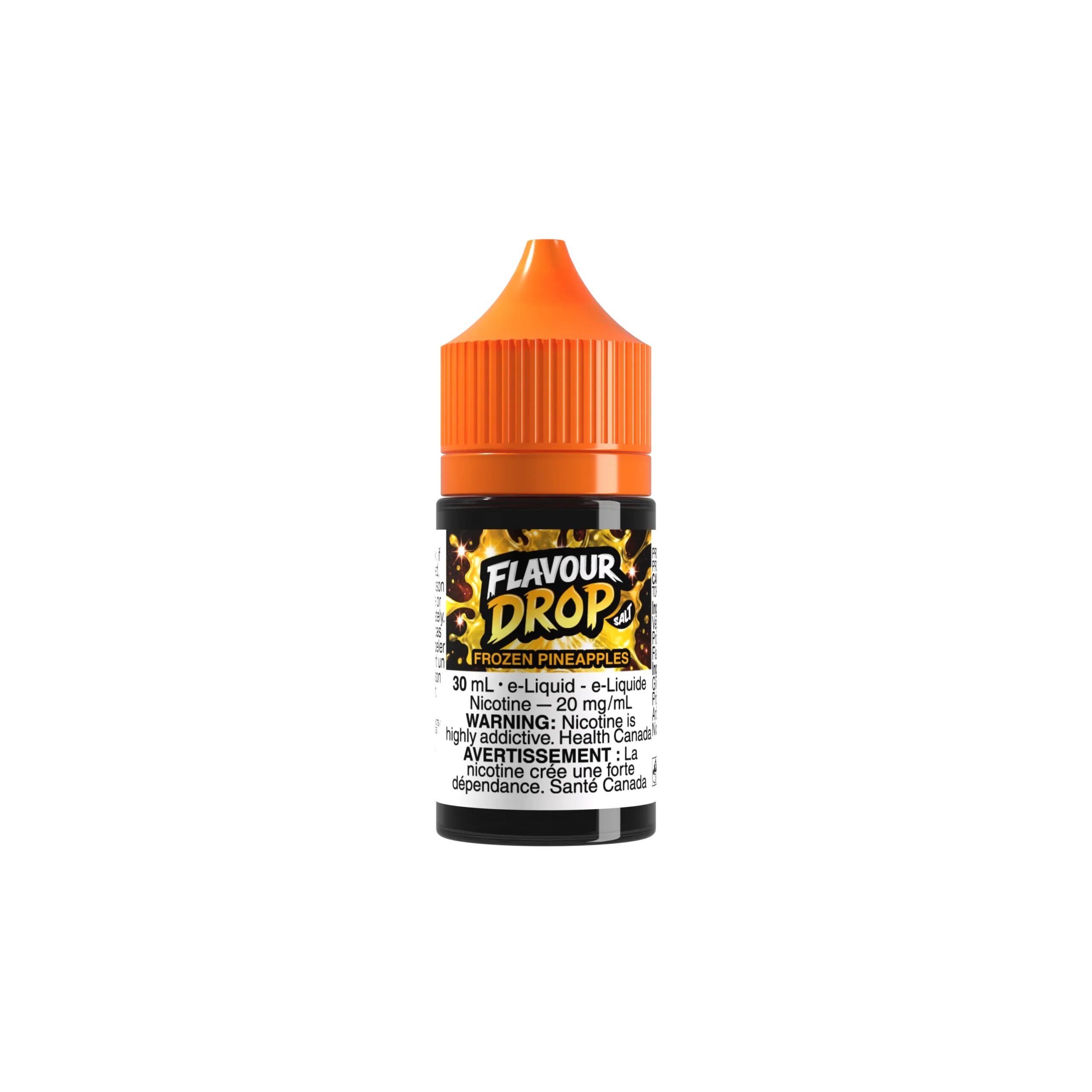 30ml bottle of Flavour Drop e-liquid in Frozen Pineapples flavor, featuring an orange cap and warning labels about nicotine.
