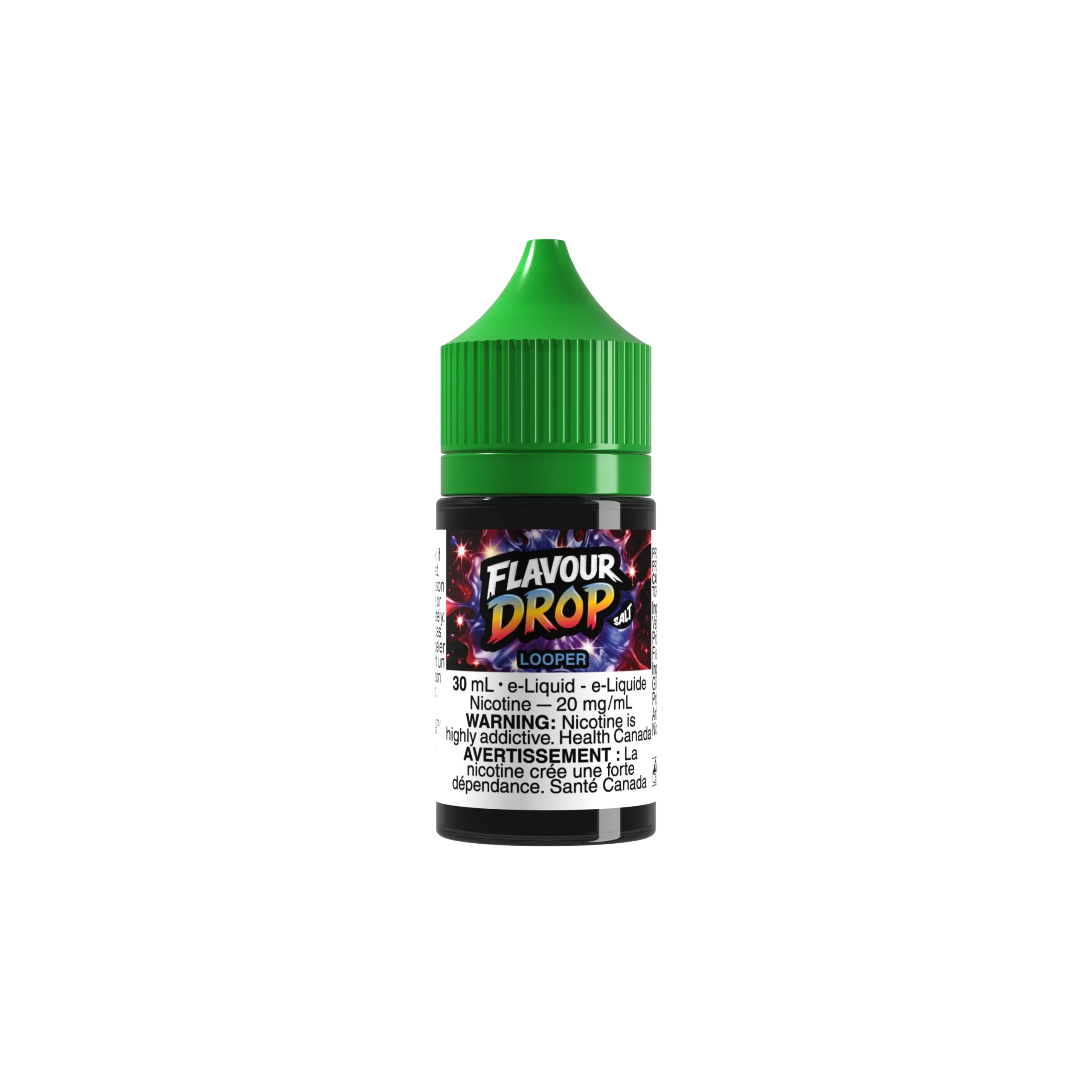 30ml bottle of Flavour Drop Looper e-liquid with a green cap, featuring nicotine warning label.