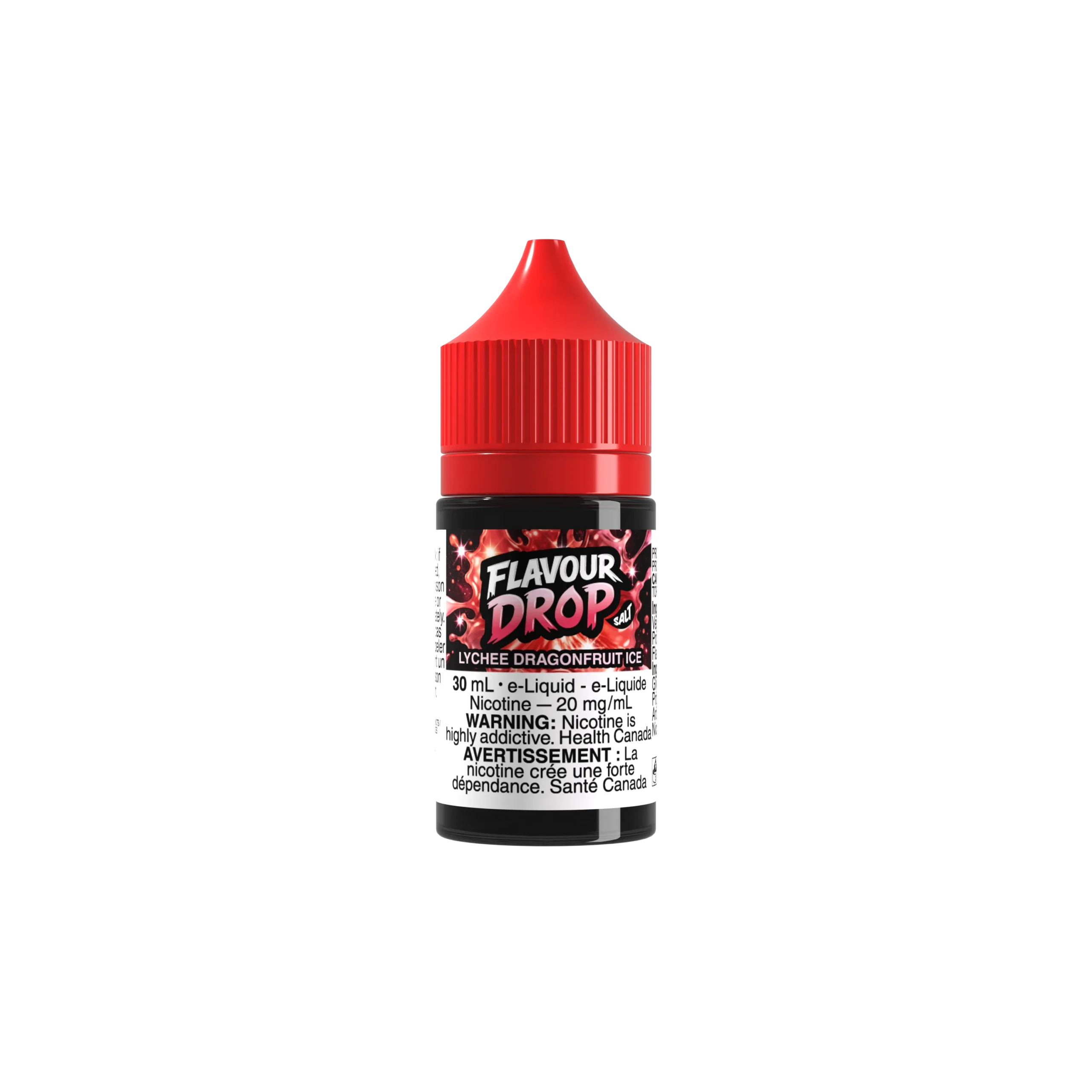 30ml bottle of Lychee Dragonfruit Ice e-liquid with a red cap, featuring warning labels about nicotine addiction.