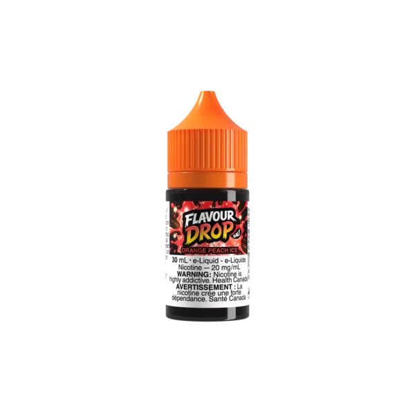 30ml bottle of Flavour Drop e-liquid in Orange Peach Ice flavor, featuring a bright orange cap and warning labels.