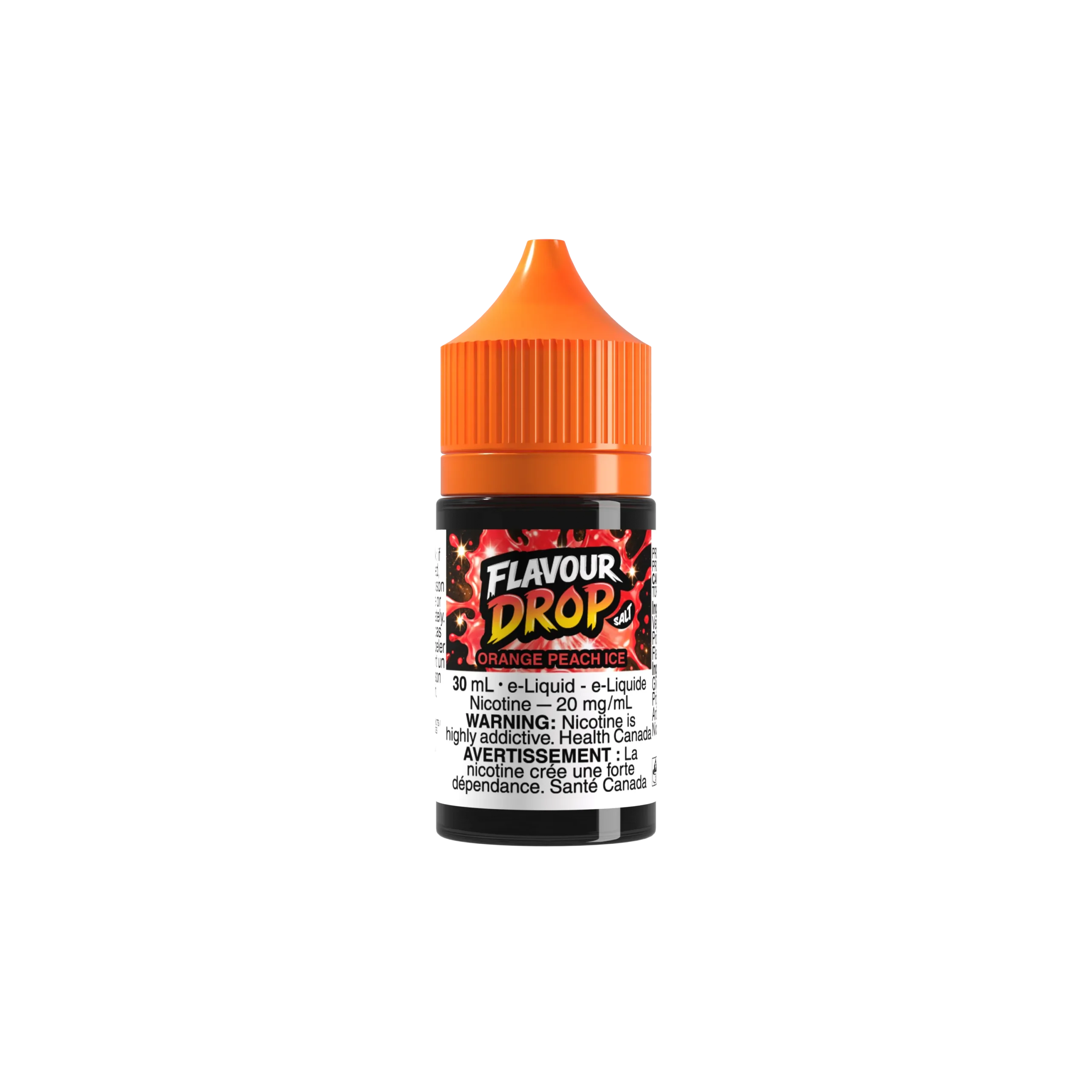 30ml bottle of Flavour Drop e-liquid in Orange Peach Ice flavor, featuring a bright orange cap and warning labels.
