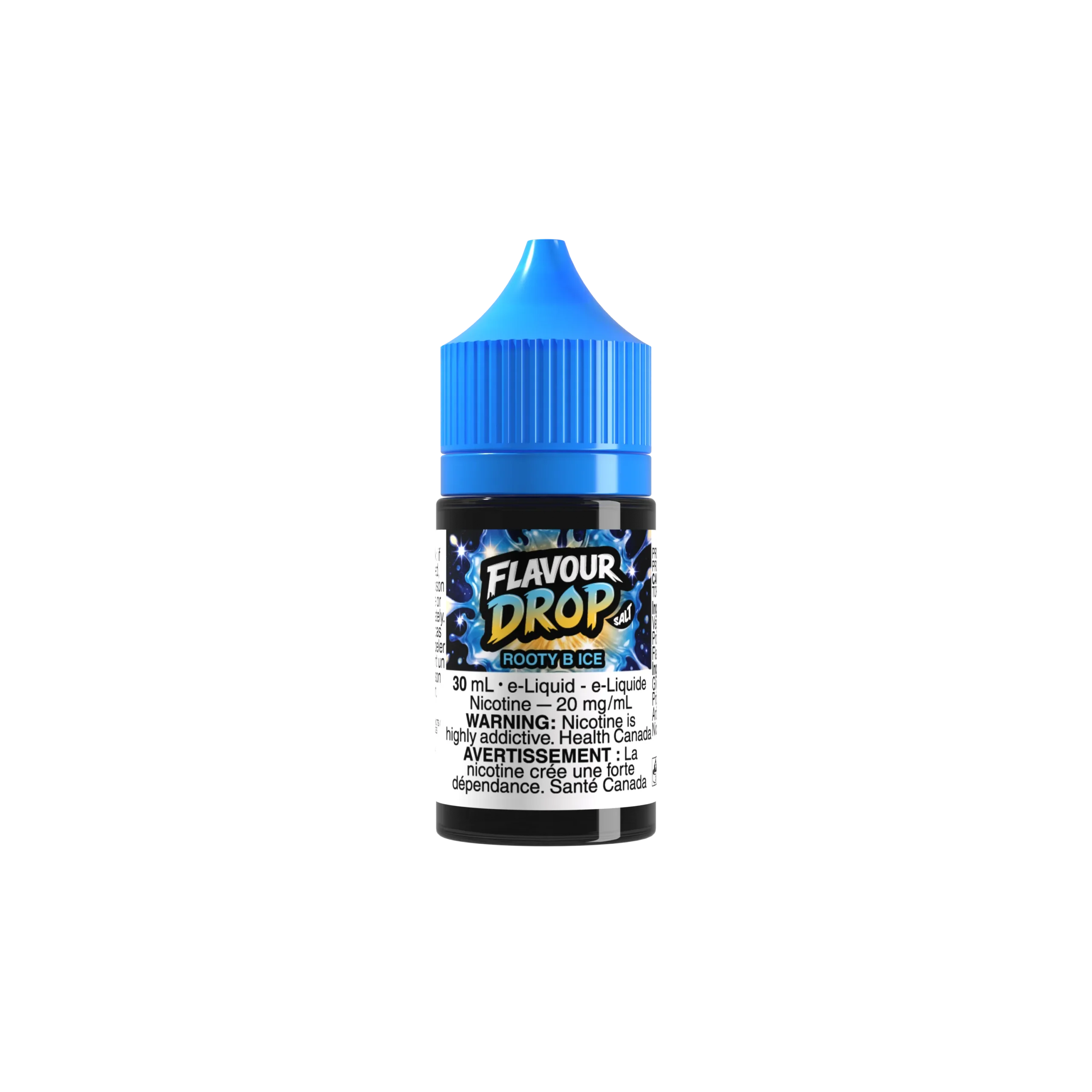 30ml bottle of Flavour Drop Rooty Ice e-liquid with blue cap, featuring nicotine warning label.